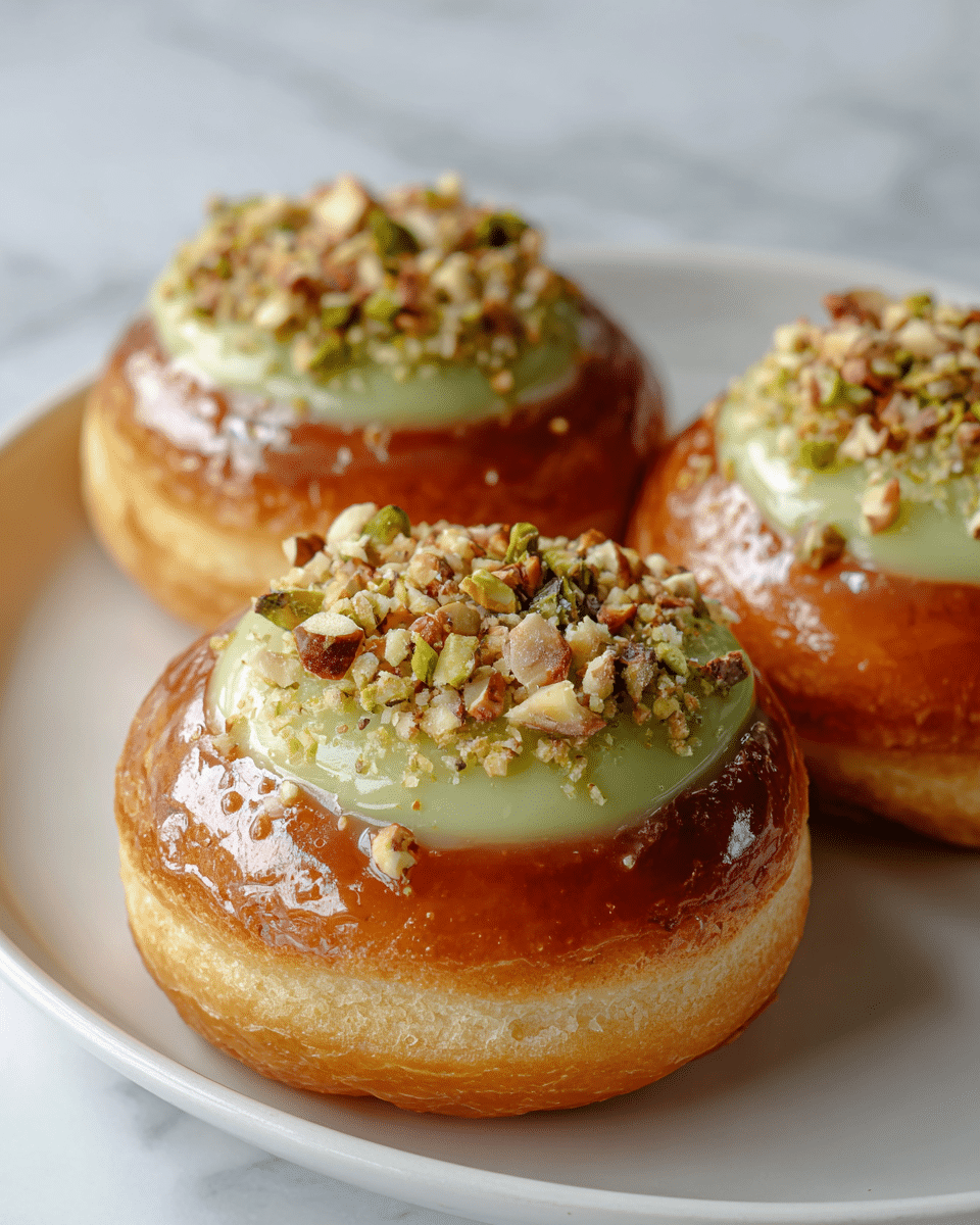 The image shows three round, golden-brown pastries placed closely together on a white plate. Each pastry has a shiny, smooth top layer and is filled in the center with a creamy, light green filling that looks soft and thick. On top of the green filling, there is a sprinkle of chopped nuts in shades of light brown and green, adding a rough texture. The pastries have a smooth outer crust that looks slightly glazed and soft. The background is a white marbled surface. photo taken with an iphone --ar 4:5 --v 7