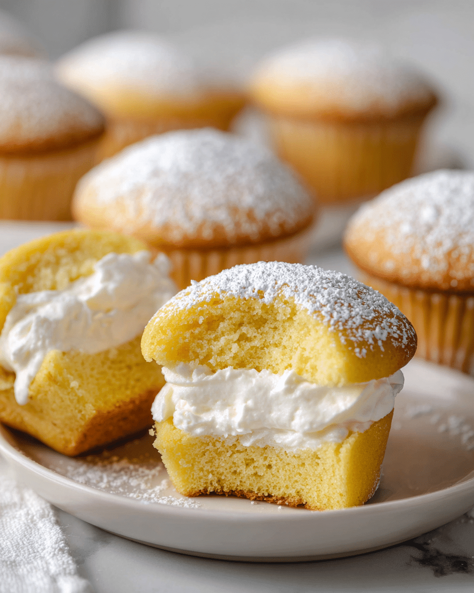 A close-up image shows several small cream-filled sponge cakes arranged on a white plate placed on a white marbled surface. Each cake has two layers of soft, light yellow sponge with a thick layer of white creamy filling in the middle. The top sponge layer is dusted with a light sprinkle of powdered sugar, giving a slightly snowy effect. The cakes are rounded, with a smooth, slightly glossy top and a soft crumbly texture inside. One cake in the front is cut slightly open to clearly show the cream filling inside. The background is softly blurred with more cakes visible, creating a cozy and inviting scene. Photo taken with an iphone --ar 4:5 --v 7