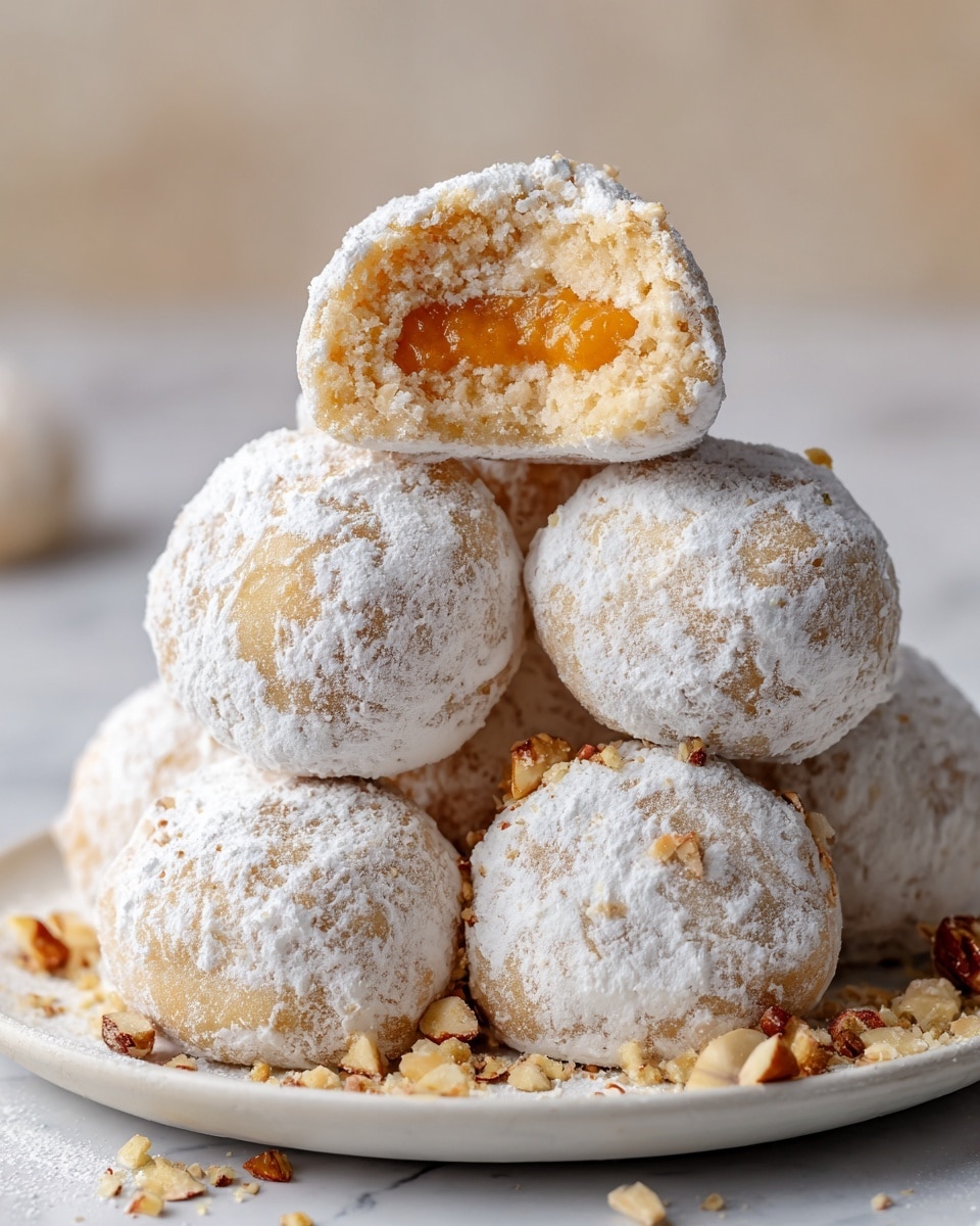 A close-up image of a small pyramid stack of round orange dessert balls on a black plate sitting on a white marbled surface. Each ball has a rough powdered sugar coating that looks white and slightly textured. One ball near the front is cut in half, showing a smooth, creamy orange filling inside. The colors are bright orange inside and white outside, with some scattered powdered sugar around the plate. In the background, there are blurred orange halves adding a warm color contrast. photo taken with an iphone --ar 4:5 --v 7