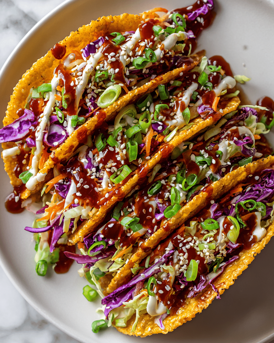 The image shows four crispy taco shells placed on a white plate on a white marbled surface. Each taco shell is golden and crunchy, filled with layers starting with shredded purple and green cabbage, topped with sliced green onions, creamy sauce, and drizzled with a dark reddish-brown sauce. The tacos are sprinkled with white sesame seeds, adding texture and contrast. The colors are vibrant with a mix of warm golden, bright green, deep purple, and dark sauce tones. Photo taken with an iphone --ar 4:5 --v 7