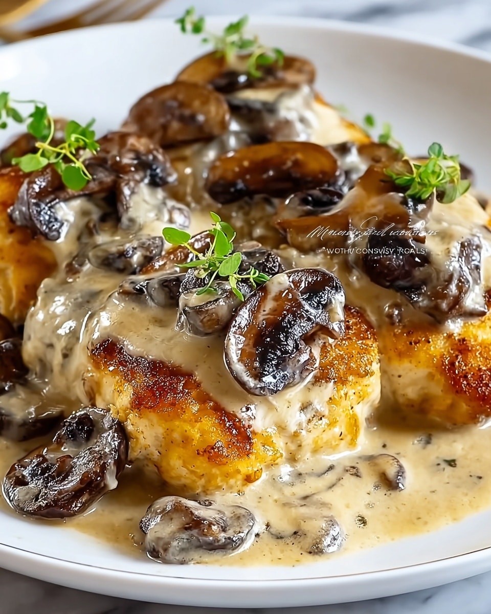 The dish shows four pieces of golden-brown chicken at the bottom layer, each with a slightly crispy texture and some grill marks. On top of the chicken, there is a thick creamy mushroom sauce layer with dark brown sliced mushrooms covered in a smooth, light beige sauce. Small green herb sprigs are placed on top as a garnish. The food is served on a white plate set on a white marbled surface. Photo taken with an iphone --ar 4:5 --v 7