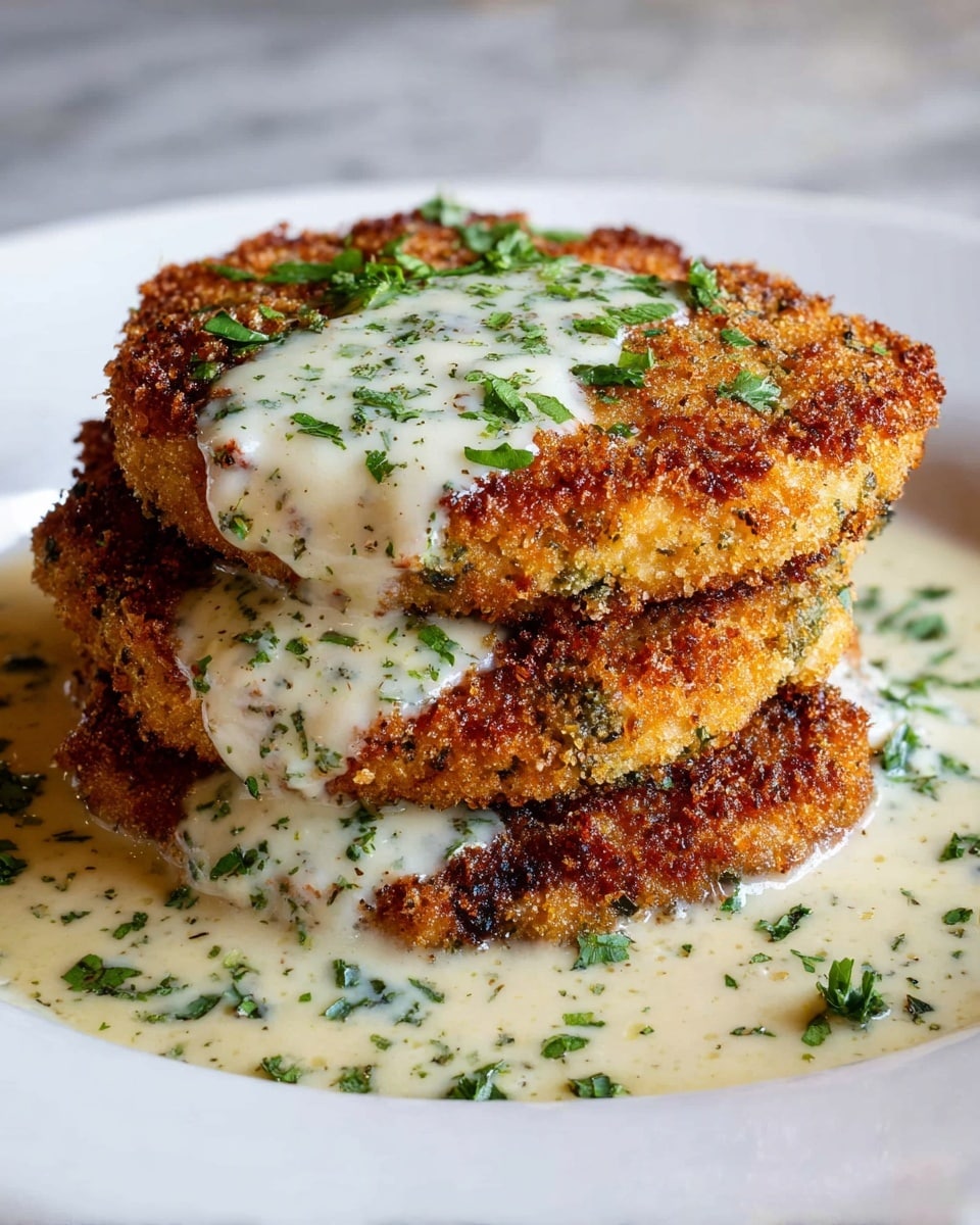 Four crispy golden brown breaded cutlets are stacked slightly overlapping in the center of a white plate. They have a crunchy texture with dark toasted spots and are topped with a creamy white sauce that spreads thinly over them and pools around the base. Green chopped herbs are sprinkled evenly on the sauce and cutlets, adding a fresh green contrast. The background is a white marbled texture. photo taken with an iphone --ar 4:5 --v 7