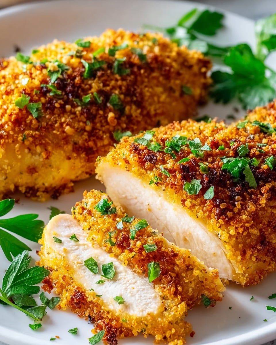 The image shows two pieces of golden brown crispy baked chicken with a crunchy breadcrumb coating, garnished with small bits of fresh green parsley leaves scattered on top. One piece is whole and the other is sliced into two thick parts, revealing juicy white chicken inside. The chicken is placed on a white plate with some more parsley leaves as decoration. The background is a white marbled texture. photo taken with an iphone --ar 4:5 --v 7