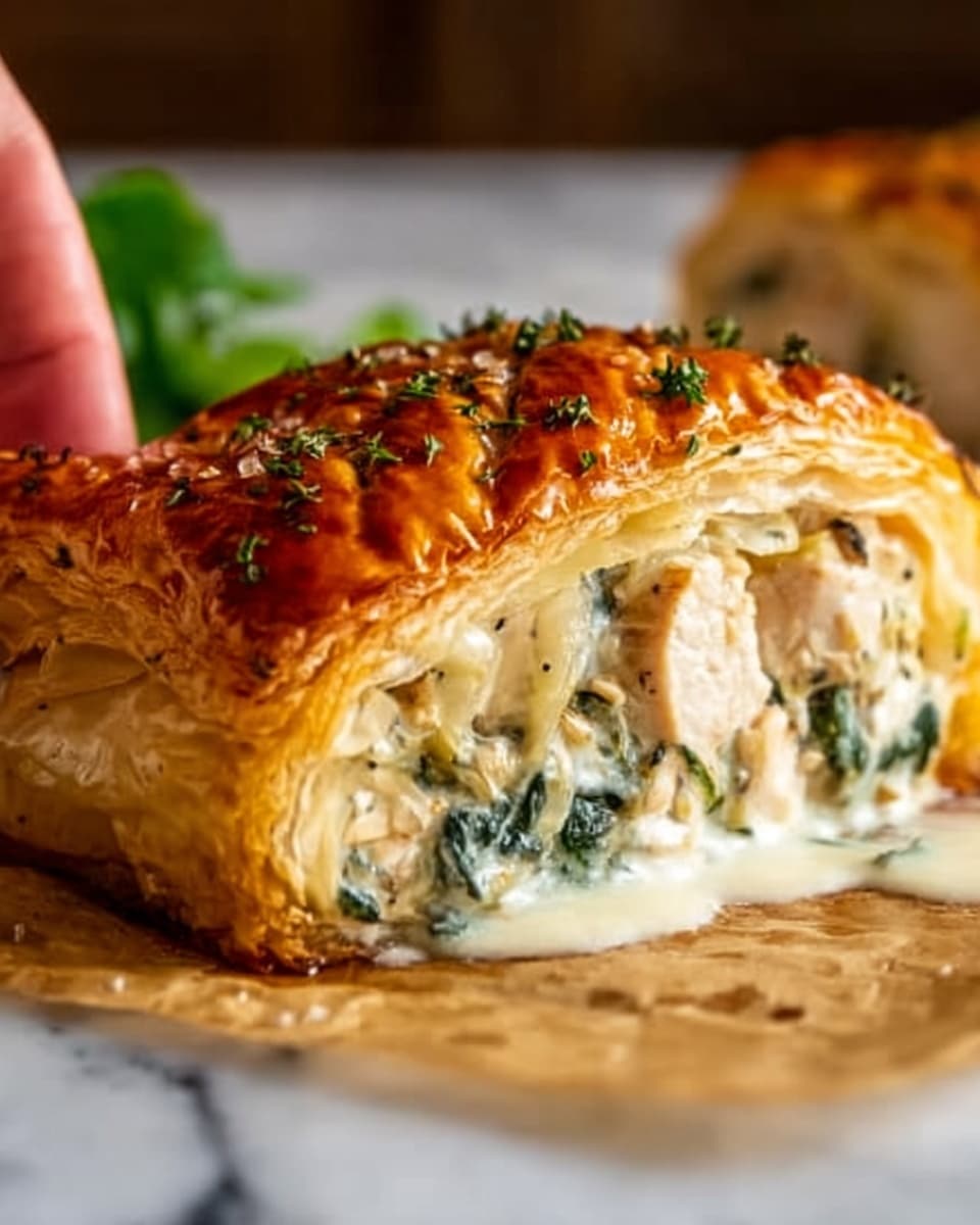 A close-up image of a golden brown puff pastry with a shiny, crispy surface topped with small sprinkled herbs. Inside, there are three visible layers: a thick white creamy sauce at the bottom, tender cooked chicken pieces in the middle, and some green spinach leaves mixed within the sauce, all wrapped neatly in the flaky pastry. The dish sits on a piece of parchment paper, against a white marbled background, and a woman's hand is reaching from the side holding a small piece of the pastry. Photo taken with an iphone --ar 4:5 --v 7