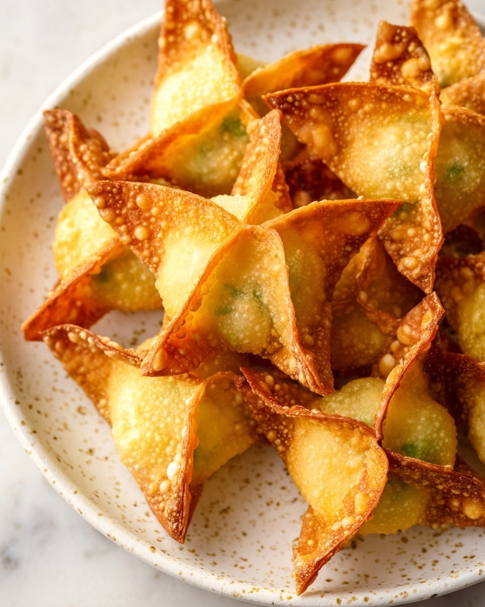 The image shows several golden brown crispy fried wontons piled on a white plate with small black specks. Each wonton has a four-pointed star shape with edges that are darker and bubbly from frying, creating a crunchy texture. The center of the wontons is slightly puffed and lighter in color, suggesting a soft filling inside. The plate is placed on a white marbled surface, and the focus is close up, showing the detailed texture of the fried edges and the smooth, slightly translucent dough. photo taken with an iphone --ar 4:5 --v 7