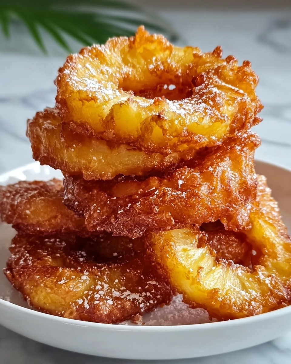 The image shows a stack of golden-brown fried pineapple rings piled high on a white plate. Each ring has a crispy, textured outer layer that is deep golden with a crunchy appearance, while the inner pineapple flesh is a lighter yellow and juicy looking. The rings are sprinkled lightly with white powdered sugar that contrasts with the warm tones of the fried fruit. The white plate rests on a white marbled surface, adding a clean and bright background to the colorful and inviting fried pineapple. Photo taken with an iphone --ar 4:5 --v 7