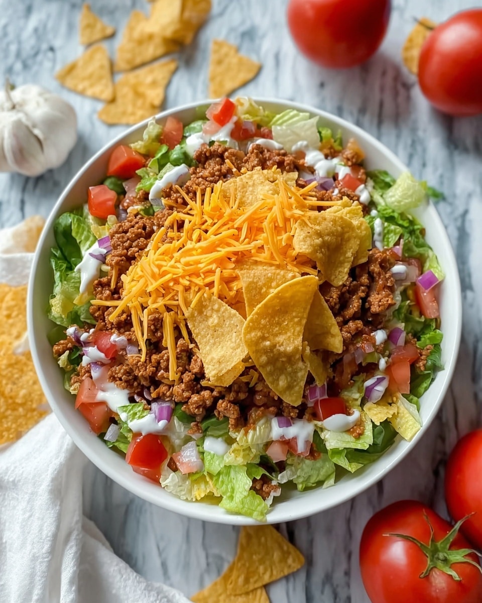 A white bowl filled with a layered taco salad on a white marbled surface, starting with a base of green lettuce leaves mixed with diced red tomatoes and small bits of red onion, topped with crumbled cooked ground beef. Over the meat, there is a light drizzle of creamy white dressing, followed by a generous amount of shredded bright orange cheddar cheese. The top layer features a handful of triangular yellow corn tortilla chips scattered unevenly, adding a crunchy texture. Around the bowl, some whole tomatoes, garlic, and a white cloth are casually placed, with a few tortilla chips scattered on the surface. photo taken with an iphone --ar 4:5 --v 7