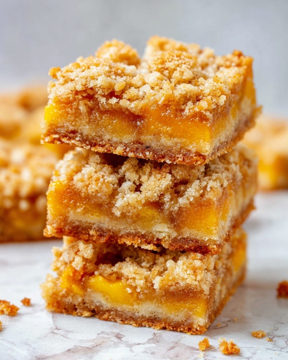 A close-up view of a stack of three crumbly bars, each with three layers: the bottom layer is a light brown crumbly crust, the middle layer is thick and golden-orange with small chunks of soft fruit, and the top layer is a golden crumbly streusel, uneven and crunchy in texture, with some crumbs falling off. The stack is placed on a white marbled surface. The focus is sharp, showing the granules and textures clearly. photo taken with an iphone --ar 4:5 --v 7