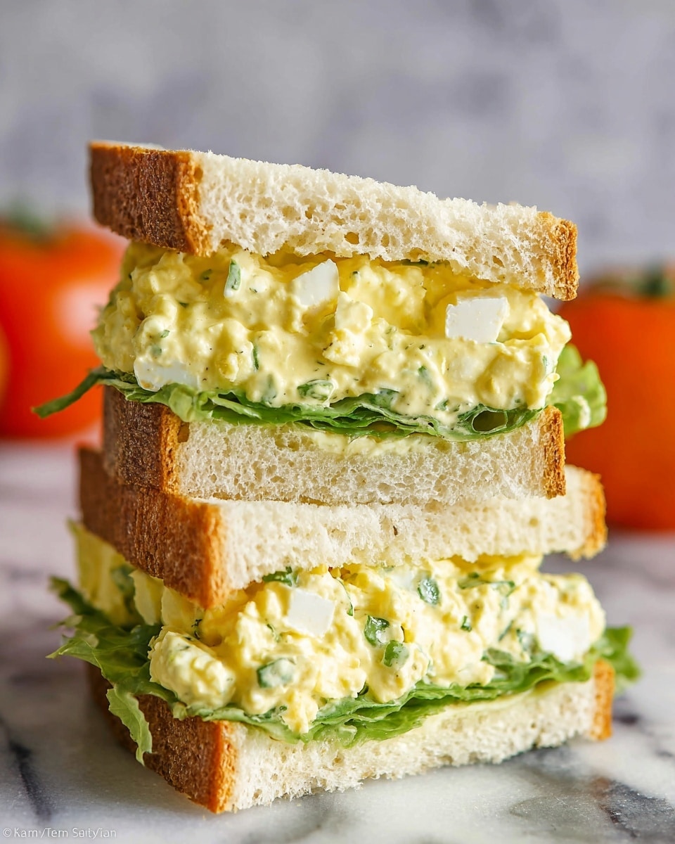A close-up view of a two-layer egg salad sandwich stacked on a white marbled surface, featuring soft white bread with crusts visible on top and bottom edges. Between the bread slices, there is a thick layer of creamy yellow egg salad mixed with small white chunks of egg and pale green bits of celery and herbs. At the very bottom, fresh green lettuce leaves peek out, adding a leafy texture. The sandwich is cut in half and stacked with one half leaning against the other, while two orange tomatoes are softly blurred in the white marbled background. photo taken with an iphone --ar 4:5 --v 7