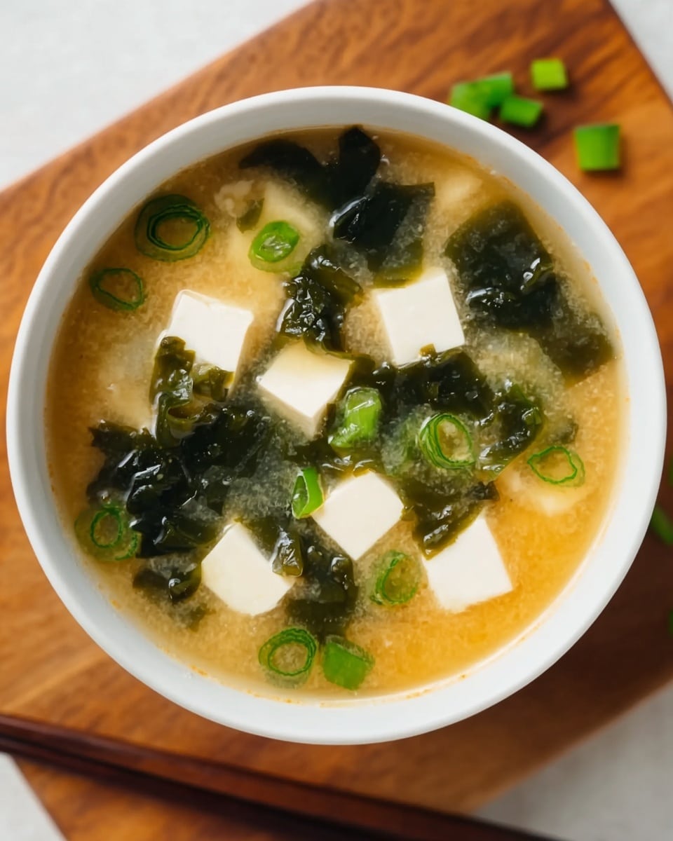 A close-up view of a white bowl filled with miso soup sitting on a wooden board with a pair of chopsticks next to it. The soup has a light brown, cloudy broth as the base layer. Floating in the broth are soft, white cubes of tofu, dark green seaweed pieces with a shiny texture, and small bright green sliced scallions scattered on top. The light brown broth contrasts with the white tofu cubes and the green toppings, creating a fresh and simple look. photo taken with an iphone --ar 4:5 --v 7