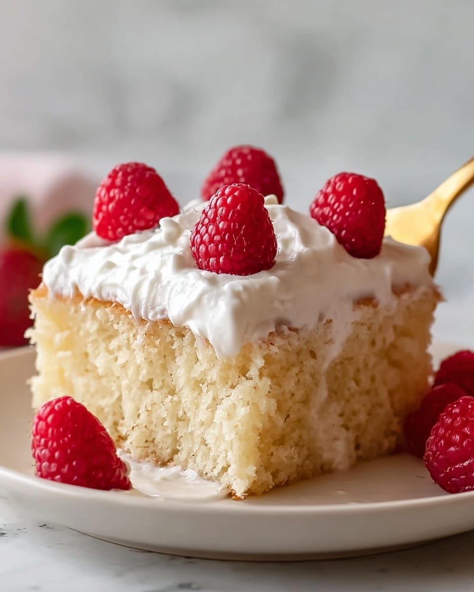 A thick square slice of light yellow sponge cake sits on a white plate, with a smooth layer of white whipped cream spread evenly on top. Five bright red raspberries with textured surfaces are placed on the cream layer, with some cream dripping slightly down the sides of the cake. Additional raspberries rest beside the cake on the plate. A golden cake server is lifting the slice slightly, showing the soft and airy crumb texture of the cake. The background is a soft white marbled texture. Photo taken with an iphone --ar 4:5 --v 7
