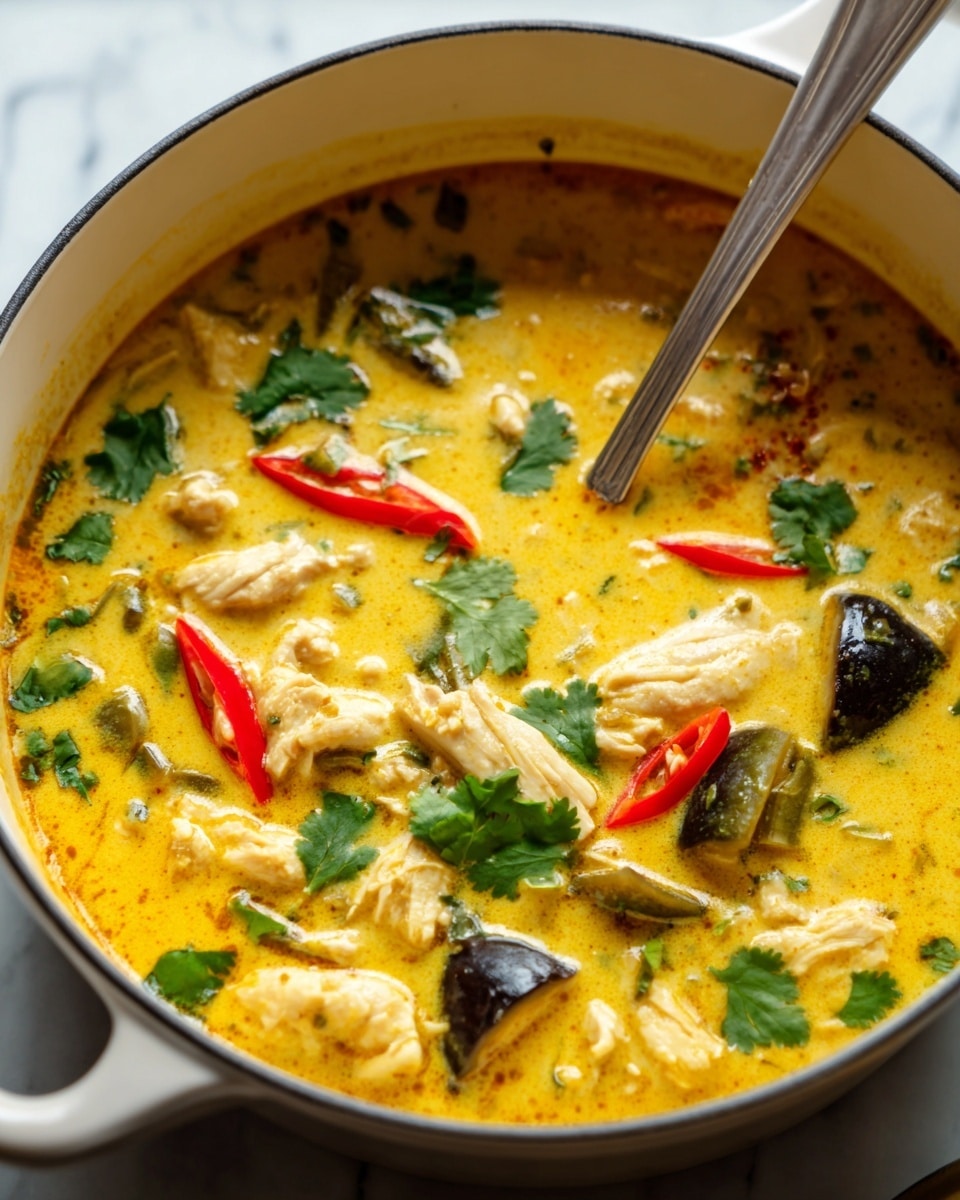 A white pot filled with yellow curry soup that has a creamy texture, with visible pieces of white chicken meat, dark small eggplants, and red chili peppers floating on top. Green cilantro leaves are scattered across the surface, adding a fresh touch. A silver spoon is placed inside the pot on the right side. The pot is set on a white marbled surface. Photo taken with an iphone --ar 4:5 --v 7