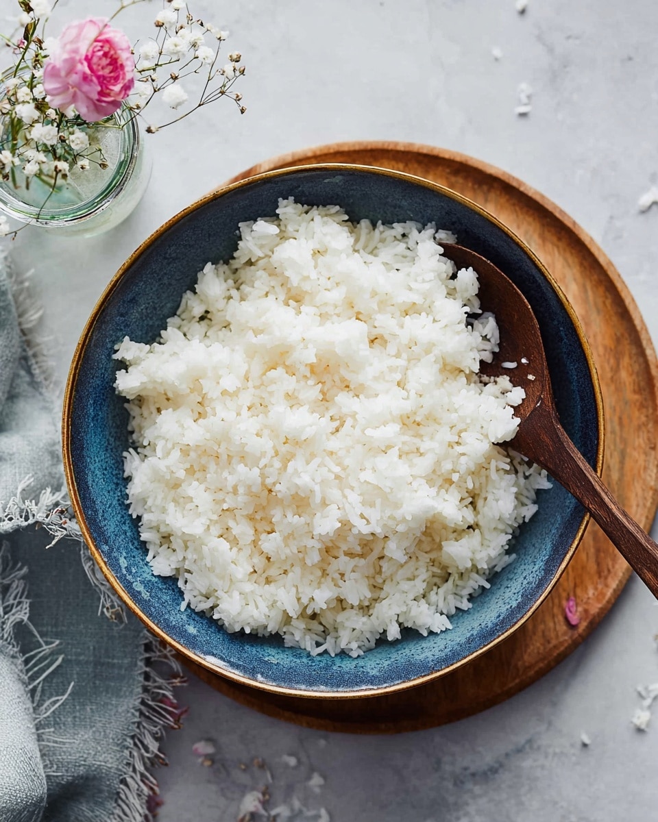 A bowl filled with one layer of fluffy white cooked rice, showing a soft and slightly sticky texture, sits in a deep blue bowl with a golden rim. A brown wooden spoon rests inside the bowl on the right side, partially covered by the rice. The bowl is placed on a small round wooden board, all set on a white marbled surface. To the left, there is a small glass jar holding tiny white and pink flowers, along with a soft gray cloth with frayed edges nearby. The background is softly blurred, adding to the cozy and clean presentation. photo taken with an iphone --ar 4:5 --v 7