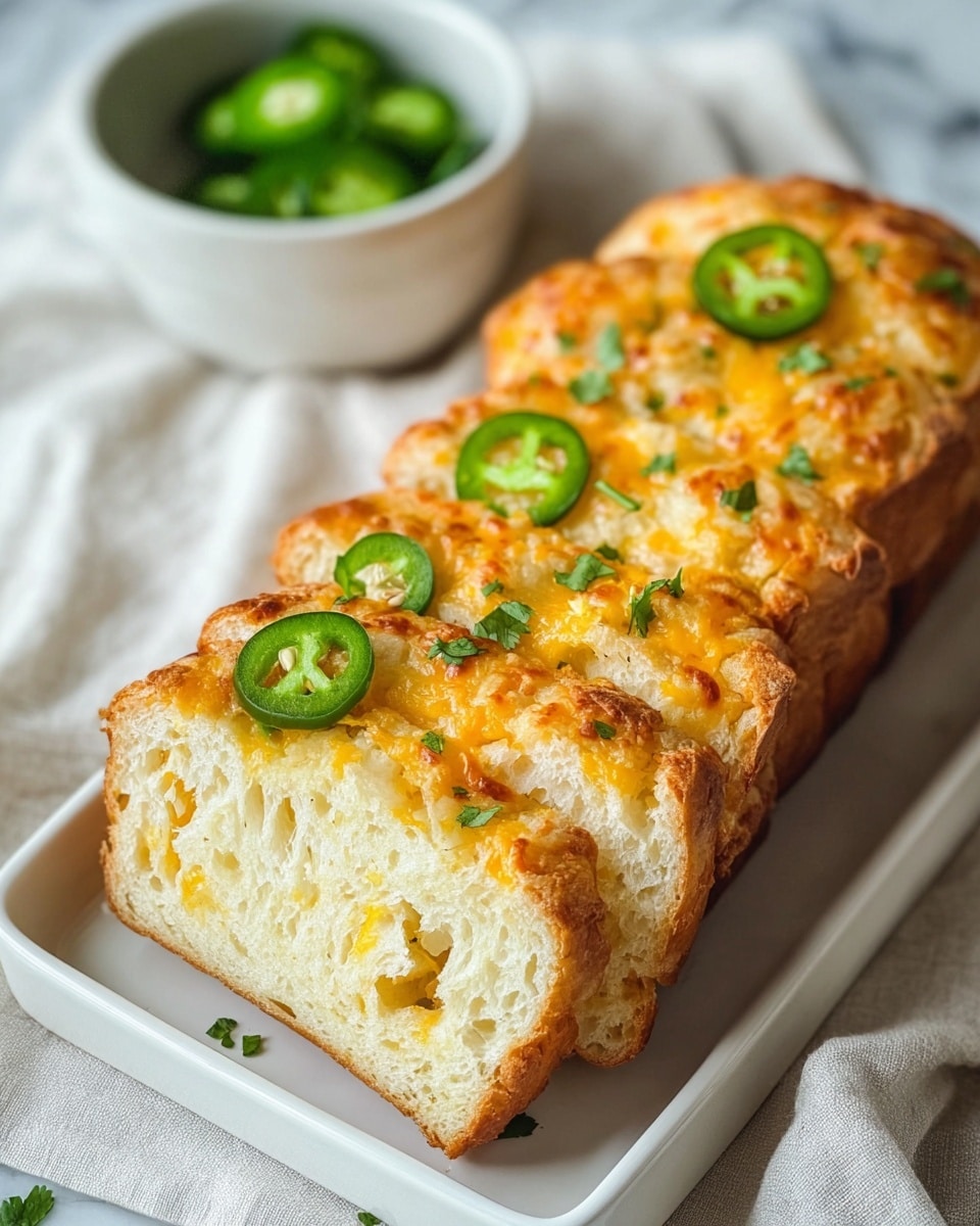 A white rectangular tray holds five thick slices of golden brown cheese bread arranged side by side, showing a soft and airy texture inside with small bits of melted cheese embedded throughout. The top layer of each slice is covered with melted cheddar cheese that is melted and slightly browned, sprinkled with small green cilantro leaves and topped with bright green jalapeño slices. In the background, there is a white bowl filled with sliced jalapeños on a white marbled textured surface with a soft white cloth partly underneath the tray. photo taken with an iphone --ar 4:5 --v 7