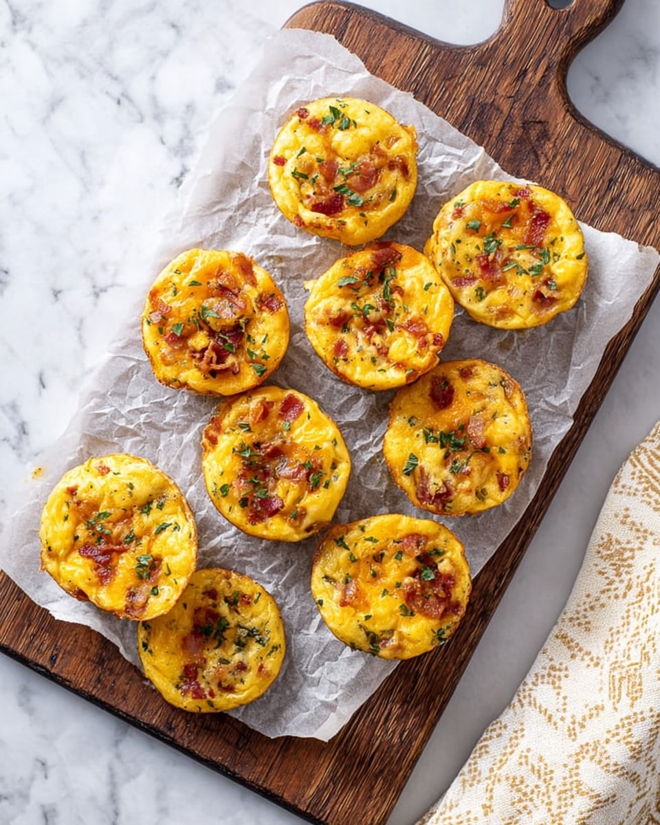 A wooden board holds about ten small round egg muffins lined on a slightly crumpled piece of white parchment paper. Each muffin has a golden-yellow color with visible bits of reddish-brown bacon and melted cheese mixed throughout. Some green herbs are sprinkled lightly over the muffins, adding small pops of color. The wood of the board is dark and textured, contrasting against the white marbled surface underneath. In the top right corner, a cream and beige patterned cloth is partially visible. Photo taken with an iphone --ar 4:5 --v 7