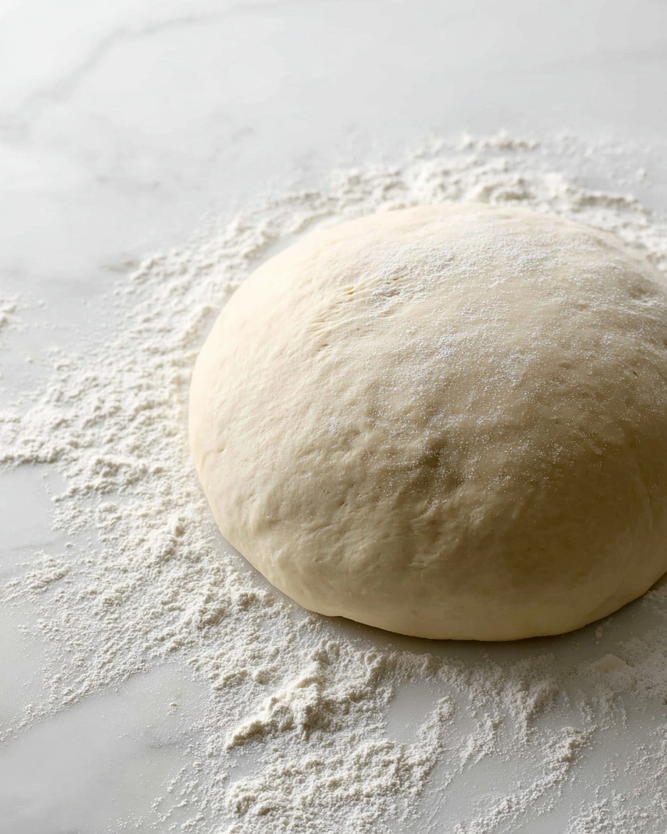A round, smooth ball of pale beige dough rests on a white marbled surface dusted with scattered white flour. The dough looks soft and slightly shiny with a smooth texture, gently puffed up as if risen, and has a subtle bump pattern on its surface. Around the dough, light dustings of flour form soft irregular lines and small mounds. The overall scene is bright and clean. photo taken with an iphone --ar 4:5 --v 7