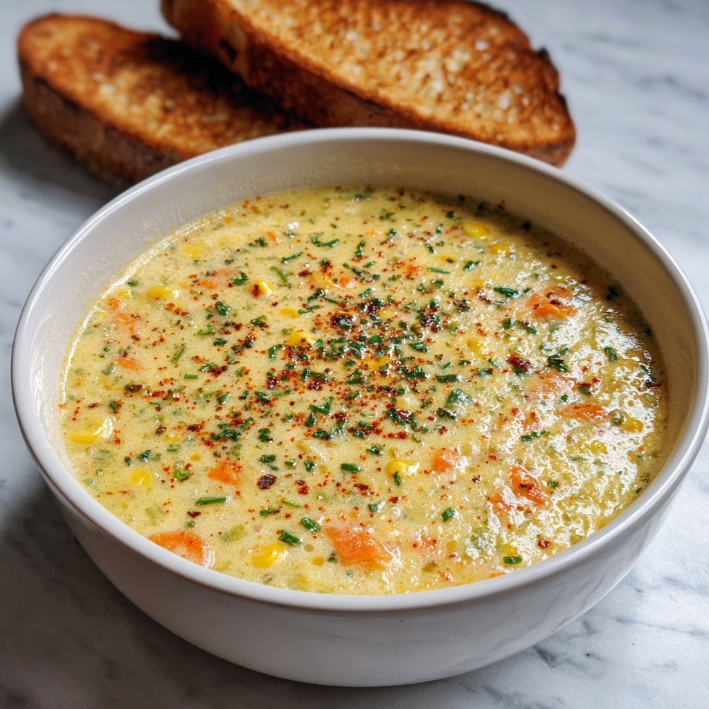 A white bowl filled with creamy soup that has a thick texture, showing yellow corn kernels and small pieces of orange carrots mixed throughout. On top, there are small green herb sprinkles and bits of red seasoning adding color contrast. The bowl sits on a white marbled surface with two slices of toasted bread placed in the background. photo taken with an iphone --ar 4:5 --v 7
