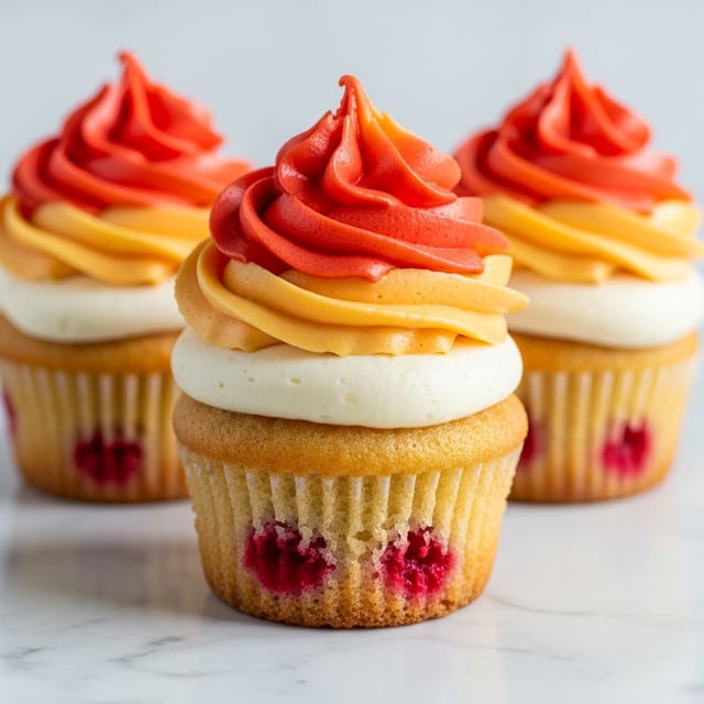 The image shows a close-up of a cupcake with three main layers. The bottom layer is a light golden cake with visible bits of red jam inside, making small bright spots. On top of the cake, there is a thick swirl of smooth frosting with three colors blending from white at the bottom, to soft yellow in the middle, and pinkish-orange on the top. The frosting has a gentle, creamy texture with clear ridges from the piping. The cupcakes sit on a white marbled surface with soft lighting and a shallow depth of field, focusing on the front cupcake. Photo taken with an iphone --ar 4:5 --v 7