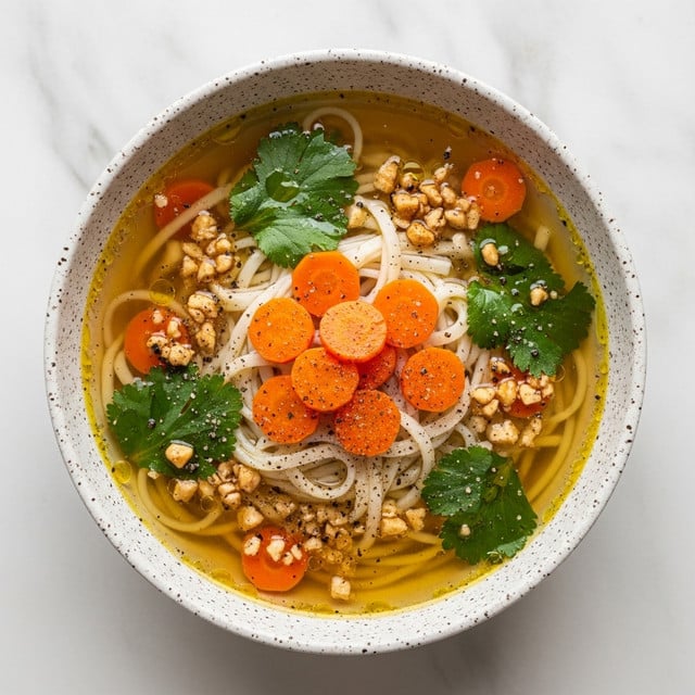 A speckled bowl filled with clear golden broth sits on a white marbled texture. Inside, there are white noodles layered at the bottom, topped with bright orange carrot chunks scattered in the center. Fresh green herbs float on the surface, adding patches of color, while small pieces of crushed nuts and black pepper are sprinkled over everything, creating a textured look. The broth has a light oily sheen, and the overall image shows a warm, inviting soup. photo taken with an iphone --ar 4:5 --v 7