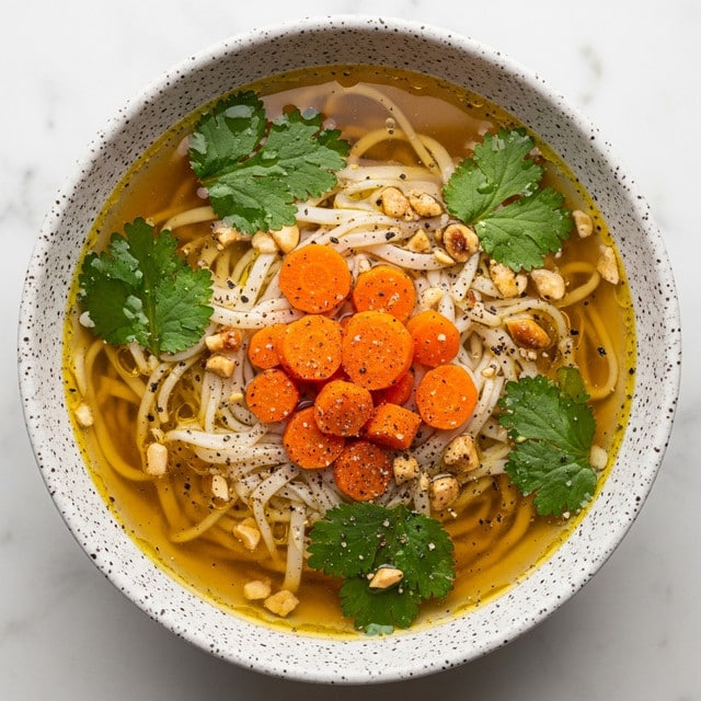 A white speckled bowl filled with clear yellow broth holds soft, white noodles at the bottom layer. On top of the noodles, small orange carrot pieces and dark green chopped herbs float in the broth. Bits of crushed nuts and a sprinkling of black pepper and red spices add texture and color contrast, scattered mostly near the center. The bowl sits on a white marbled surface, with blurred green leaves faintly visible in the background. photo taken with an iphone --ar 4:5 --v 7