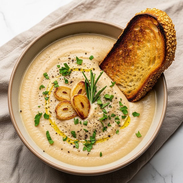 A bowl filled with creamy, smooth pale beige soup, topped with a few golden-brown roasted garlic slices and sprinkled with finely chopped green herbs and black pepper. A small green sprig of rosemary lies on top, adding color contrast. A large piece of toasted bread with a crunchy texture and a dark golden-brown edge is placed standing in the soup on the right side. The bowl is light brown and rests on a soft beige cloth, with a white marbled surface below. photo taken with an iphone --ar 4:5 --v 7