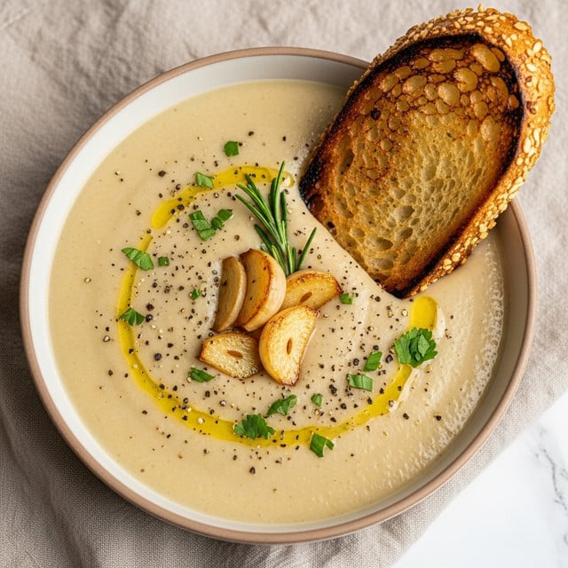 A creamy beige soup fills a brown bowl placed on a beige cloth over a white marbled surface. The soup is topped with six golden-brown roasted garlic slices, scattered green herbs, and a small sprig of fresh rosemary in the center. On the right edge of the bowl, a thick slice of toasted bread with a dark brown crust and a golden, crispy interior leans into the soup, also sprinkled lightly with herbs. The textures highlight the smoothness of the soup contrasted with the crunchy, browned bread and caramelized garlic. Photo taken with an iphone --ar 4:5 --v 7