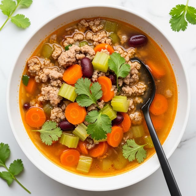 A close-up view of a white bowl filled with a rich soup, showing a clear broth with a slight orange tint. The soup contains small, light brown crumbled meat pieces scattered throughout, along with diced bright orange carrots, pale green celery cubes, and bits of white onion. Small green herb leaves are placed on top, adding a fresh touch. A black spoon rests inside the bowl, touching the soup. The bowl sits on a white marbled surface. Photo taken with an iphone --ar 4:5 --v 7
