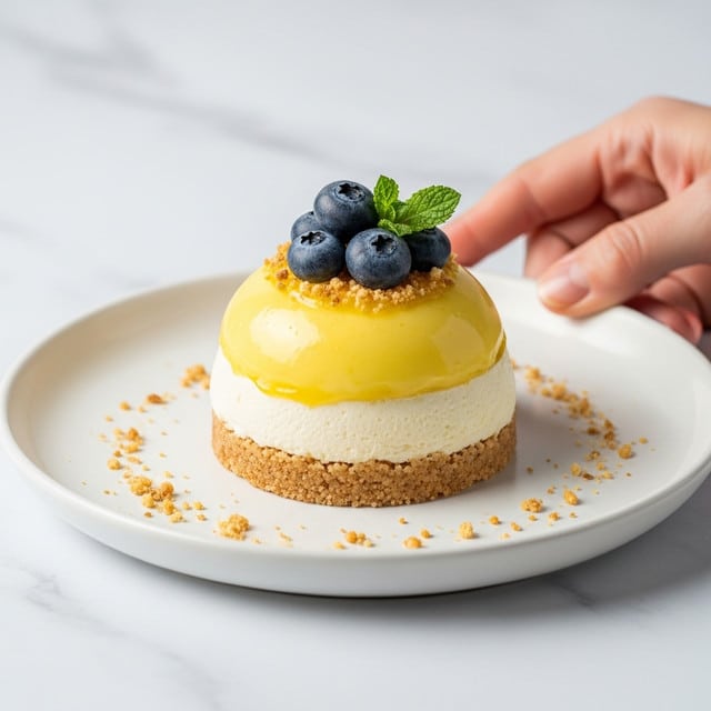 The image shows a small dessert on a white plate with a white marbled background. The dessert has three layers: a light brown crumbly base, a thick creamy white middle layer, and a shiny yellow glaze on top. On the very top, there are fresh blueberries and a small green mint leaf, with a few crushed nuts sprinkled around. A woman's hand is gently holding the edge of the plate. Photo taken with an iphone --ar 4:5 --v 7