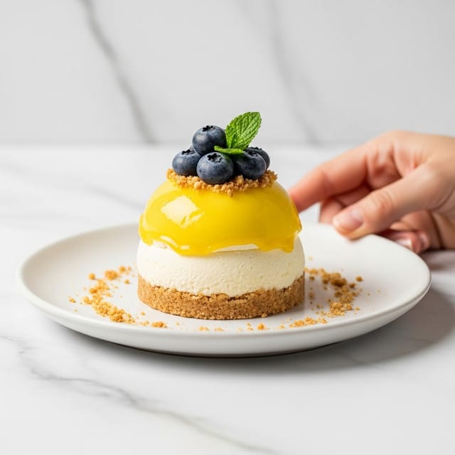 The image shows a small round dessert on a white plate, placed on a white marbled surface. The dessert has three visible layers: the bottom layer is a light brown crumbly crust, the middle layer is a creamy pale yellow, and the top layer is a glossy bright yellow jelly or glaze. On the very top, there are a few fresh blueberries and small green leaves for decoration. Crushed nuts are sprinkled around the base of the fruit, adding texture. A woman's hand is partially visible near the edge of the plate. Photo taken with an iphone --ar 4:5 --v 7
