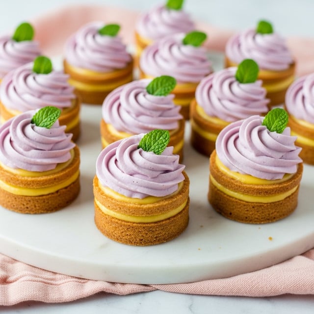 The image shows several small tartlets arranged on a round wooden board, placed on a white marbled surface with a soft pink cloth around it. Each tartlet has three visible layers: a golden-brown crispy crust at the bottom, a smooth yellow filling in the middle, and a large swirl of light purple cream on top. Each cream swirl is decorated with a small fresh green mint leaf. The tartlets are closely placed together, filling the wooden board, and some more tartlets are slightly blurred in the background. photo taken with an iphone --ar 4:5 --v 7