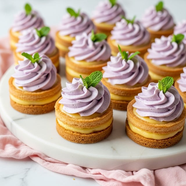 A group of small tarts arranged on a round wooden board with a white top, placed over soft pink fabric on a white marbled surface. Each tart has a golden crust base filled with bright yellow cream, topped with a swirl of light purple whipped cream that is slightly toasted at the tip. Small fresh green mint leaves sit on top of most tarts, adding a pop of freshness. More tarts are slightly blurred in the background on white plates. The overall look is soft, colorful, and inviting with a mix of smooth and textured elements. photo taken with an iphone --ar 4:5 --v 7
