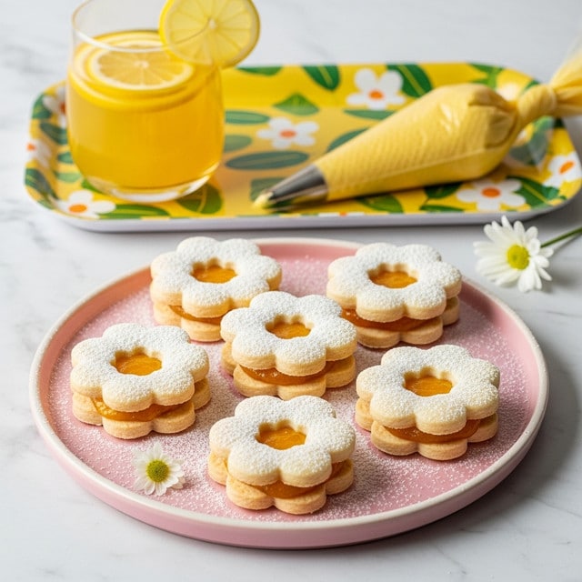 A pile of flower-shaped sandwich cookies with two light beige layers each and a bright yellow jam filling in the middle, topped with a dusting of white powdered sugar. The cookies are loosely stacked in the center of a white plate with soft pink and beige concentric rings. A small white daisy is placed near the cookies. The plate sits on a yellow serving tray with a subtle green leaf pattern and a small white daisy on it. Behind the plate, there is a clear glass cup filled with light orange liquid and lemon slices. A clear piping bag filled with yellow jam is lying next to the plate. The whole scene is set on a white marbled surface. photo taken with an iphone --ar 4:5 --v 7