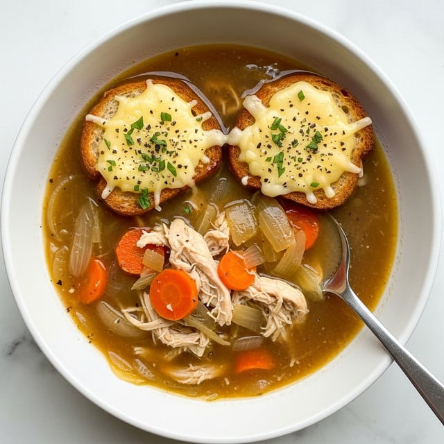 A white bowl filled with thick brown onion soup, showing soft translucent cooked onion slices and small pieces of chicken mixed in. Two slices of toasted bread with melted pale yellow cheese on top float on the surface, one slice partially broken with a bit of cheese stretching. Bright orange carrot slices can be seen inside the soup. A silver spoon resting inside the bowl holds a scoop of the soup with onions. The bowl is placed on a white marbled texture. photo taken with an iphone --ar 4:5 --v 7