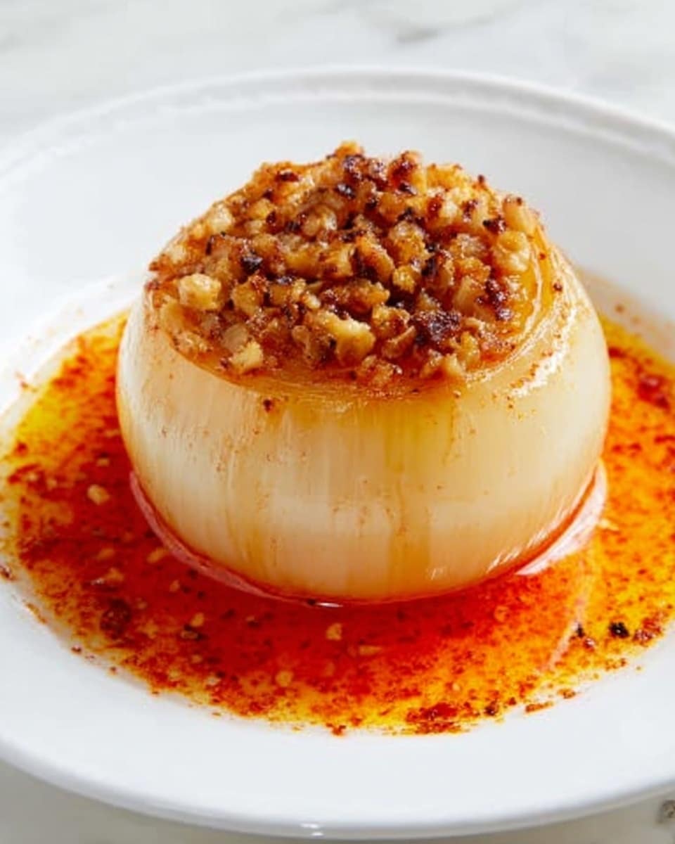 A single cooked whole onion sits centered on a white plate, with its top cut off and filled with a textured mix of finely chopped nuts and spices, showing a crunchy layer. The onion is soft and shiny, with a light golden color on the outside. Around the onion, there is a bright orange-red oil sauce with a smooth surface, dotted with small bits of spice flakes. The plate edges are clean, and the background is a white marbled surface. photo taken with an iphone --ar 4:5 --v 7