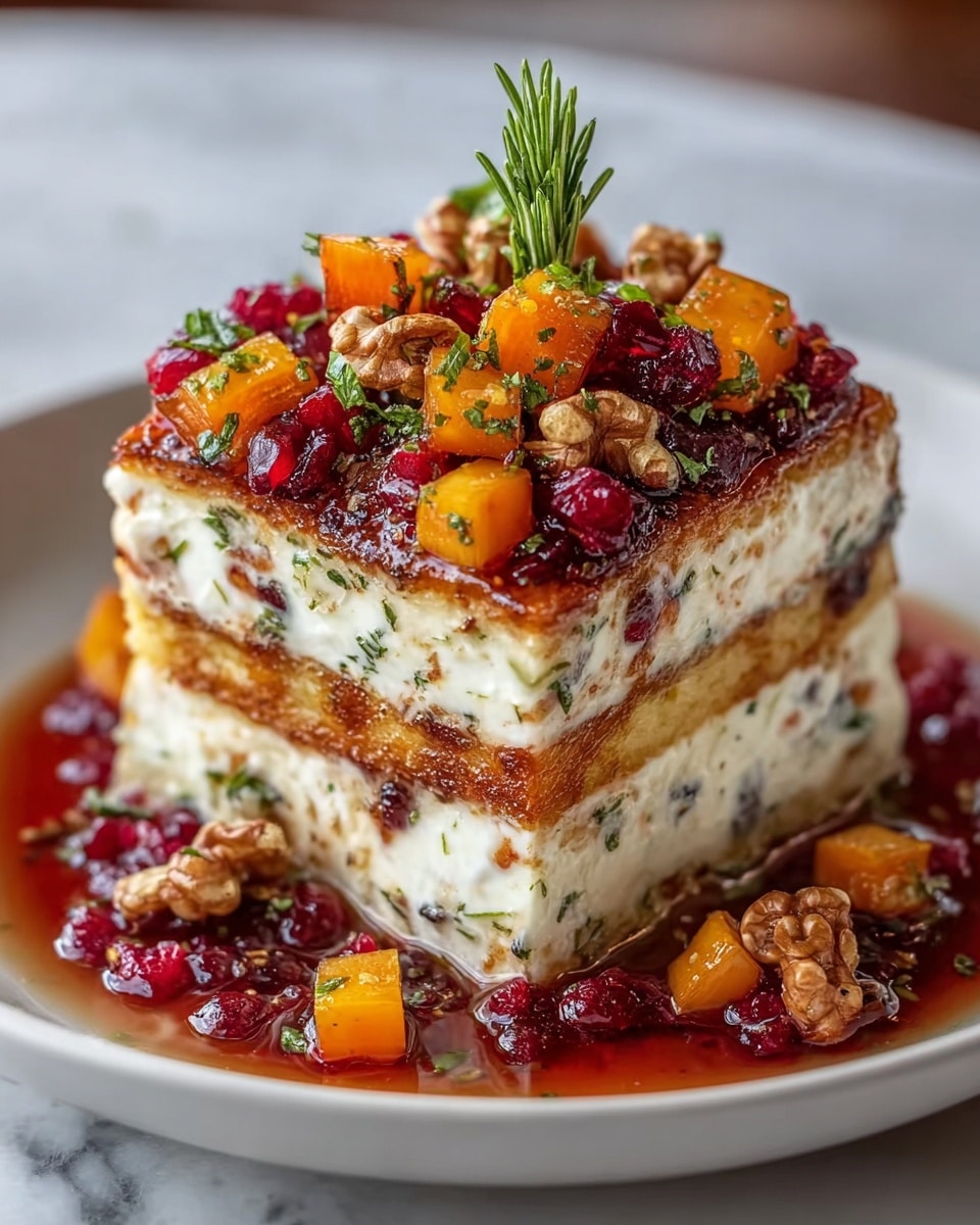 A close-up of a three-layer square piece of lasagna, with the bottom and middle layers creamy white cheese textured with small herbs, and the second layer a smooth orange pumpkin or squash puree. The top layer is a golden-brown baked cheese layer with a slightly crispy edge, covered with small diced orange pieces, dark red dried cranberries, and walnut halves. Fresh green herbs and a sprig of rosemary adorn the top. The lasagna sits on a white plate on a white marbled surface, surrounded by a syrupy glaze with scattered dried cranberries and chopped herbs. The image is sharp with a shallow depth of field, background blurred. Photo taken with an iphone --ar 4:5 --v 7