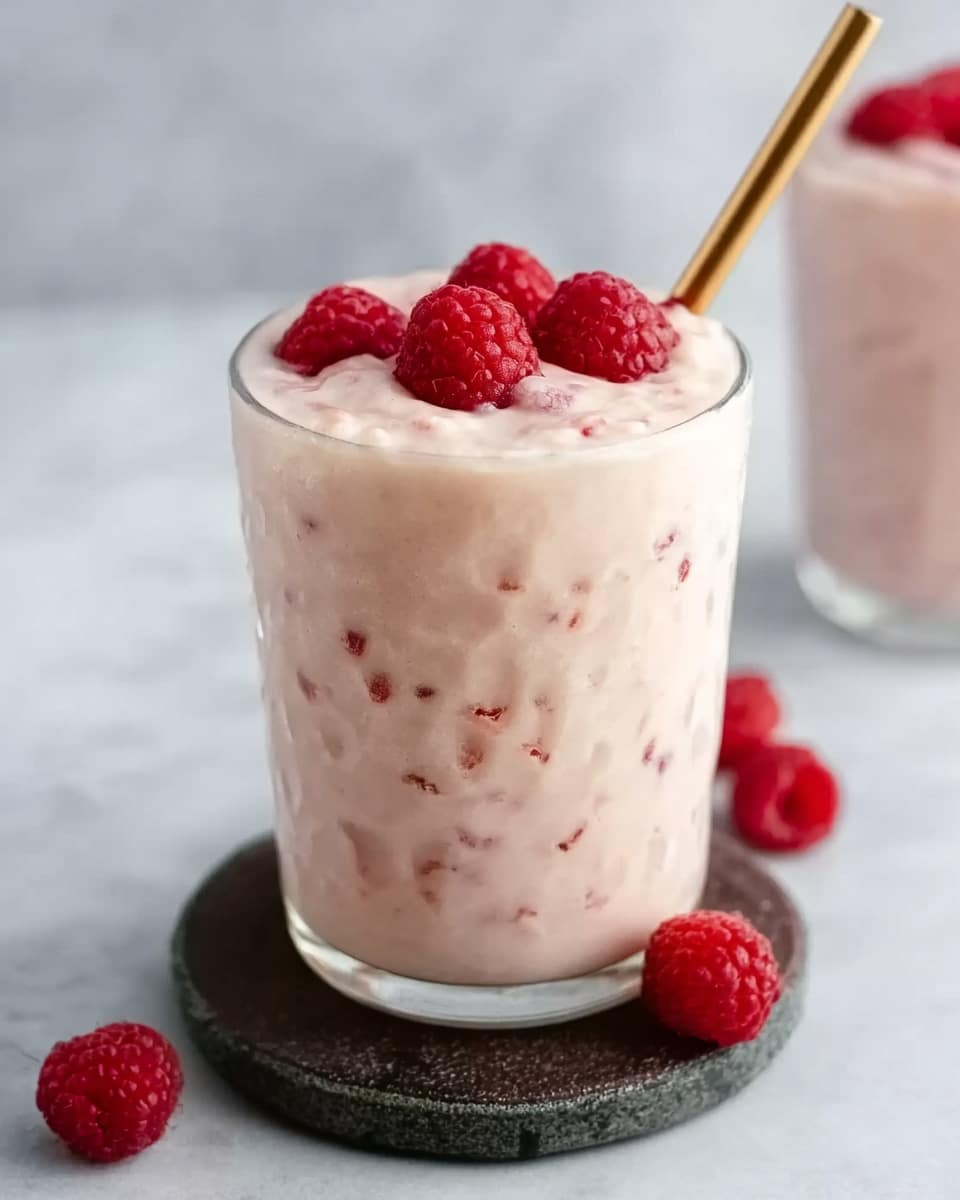 The image shows a clear glass filled with a creamy pink smoothie that has small red fruit pieces mixed throughout. The glass is nearly full and topped with whole raspberries and a few small fruit chunks. A metal straw leans inside the glass from the side. The glass sits on a round black coaster on a white marbled surface, with some raspberries scattered nearby. The lighting is soft and natural, highlighting the smooth texture of the drink. photo taken with an iphone --ar 4:5 --v 7