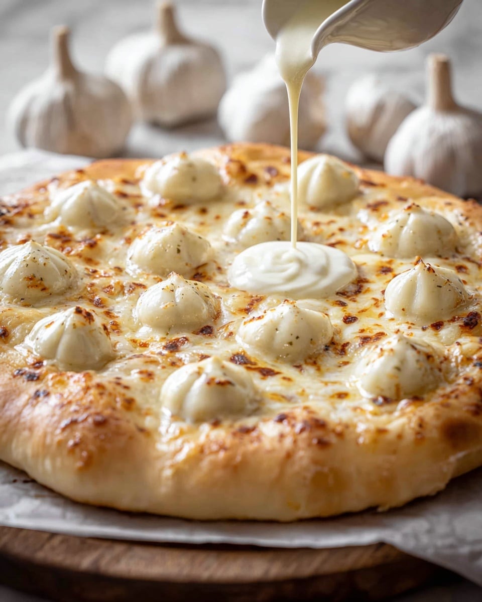 A pizza with a thick, golden-brown crust rests on parchment paper over a wooden board, topped with a baked layer of melted cheese and eight evenly spaced dollops of a white, creamy garlic mixture, each shaped with a swirling texture. A white sauce is being poured in a stream onto the center of the pizza from above. In the background, whole garlic bulbs create a soft, blurred effect. The setting is on a white marbled texture. photo taken with an iphone --ar 4:5 --v 7