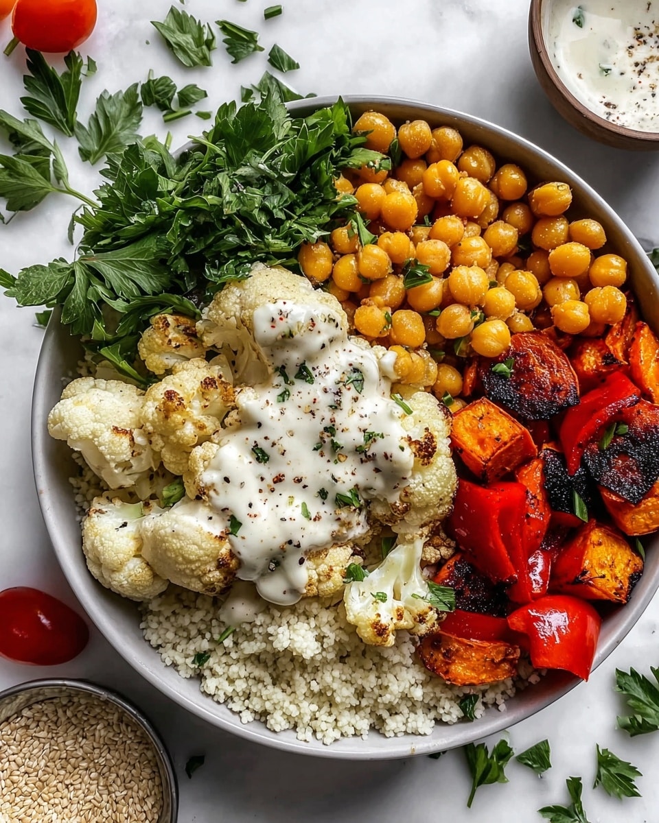 A round black bowl filled with several colorful layers starting from the bottom right with small white couscous grains, next to it to the left are small roasted cauliflower florets with light brown char marks. Above the cauliflower is a thick dollop of creamy white sauce sprinkled with black pepper and chopped green herbs. To the left of the sauce is a bunch of fresh leafy green parsley. On the top right are bright orange roasted chickpeas and next to them on the far right are charred, roasted orange and red bell pepper pieces. The bowl sits on a white marbled surface scattered with small parsley leaves, halved orange cherry tomatoes, garlic cloves, and some spilled black pepper. Photo taken with an iphone --ar 4:5 --v 7