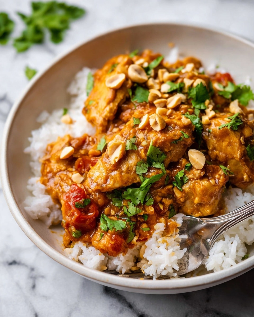 A close-up view of a white bowl filled with three main layers: the bottom layer is fluffy white rice, evenly spread across the bowl; on top, there are thick slices of cooked chicken covered in a rich, smooth orange-brown peanut sauce; scattered over the chicken and sauce are crunchy light tan peanut pieces and bright green chopped cilantro leaves adding fresh color. A silver fork is resting inside the bowl, with a slice of chicken on its tip. The bowl sits on a white marbled surface with a blurred bowl of green food in the background. photo taken with an iphone --ar 4:5 --v 7