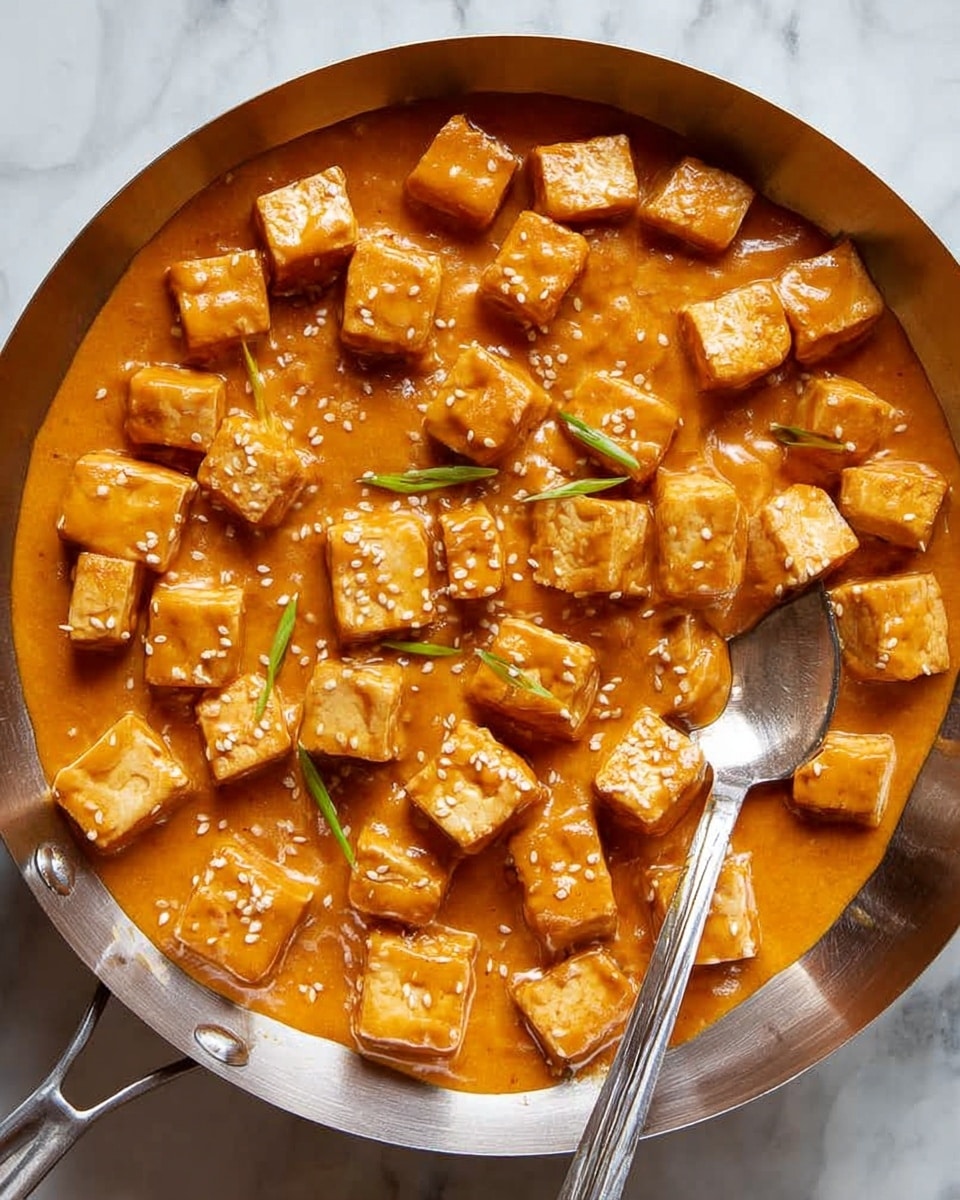 A close-up top view of a white bowl filled with many small light golden brown tofu cubes covered in thick, smooth orange sauce. The tofu pieces are evenly spread throughout the bowl, some slightly resting on others, with a few bright green thinly sliced scallions scattered on top. A silver spoon rests inside the bowl on the right side, partially covered in sauce and touching a few tofu cubes. The background is a white marbled surface. photo taken with an iphone --ar 4:5 --v 7