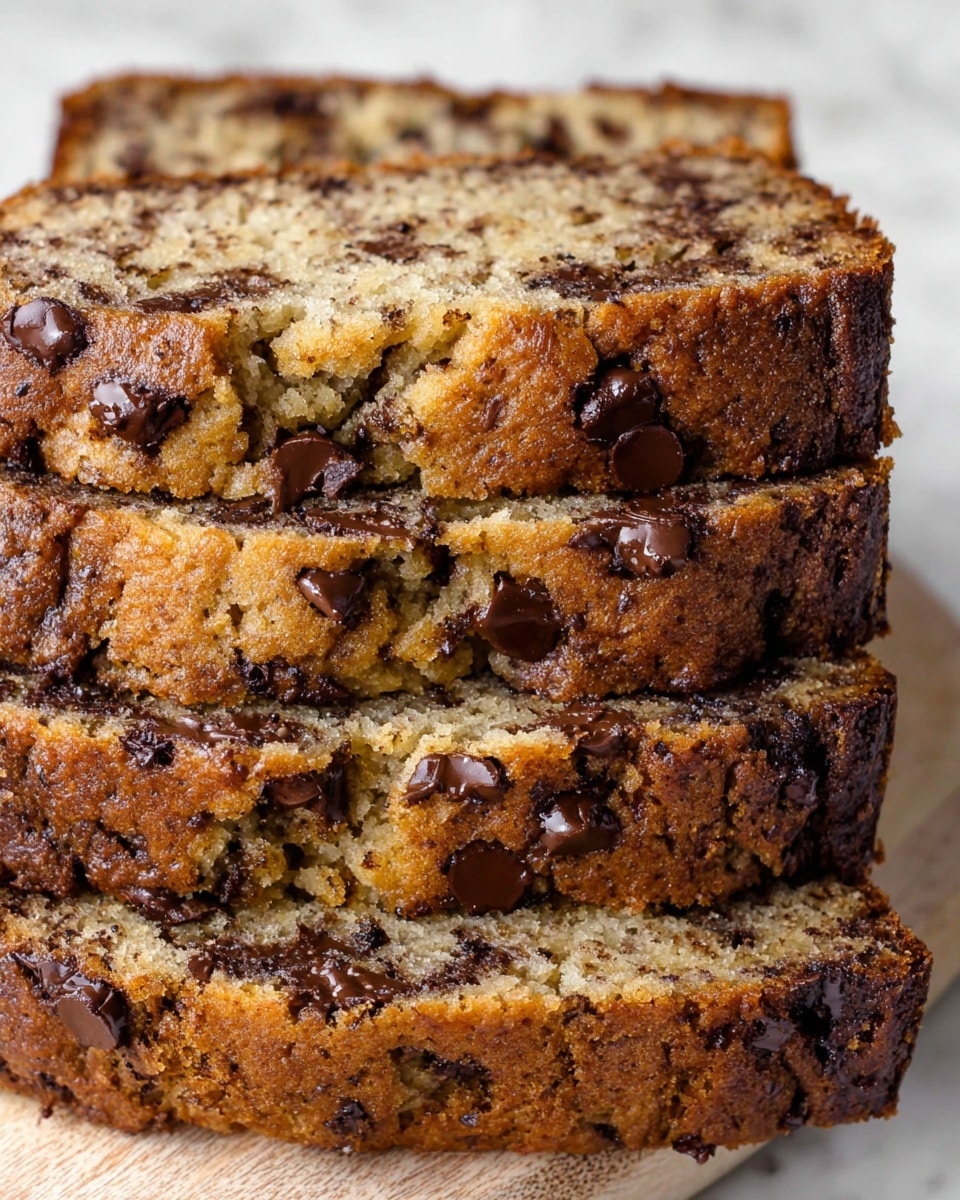 A close-up view of four slices of banana bread stacked on top of each other, showing a soft, moist texture with a light brown crumb and scattered dark chocolate chips throughout each slice. The edges of the bread are a darker golden brown with a slightly crisp surface, while the interior looks tender with melting chocolate chunks. The slices are placed on a wooden surface that is changed to a white marbled texture. photo taken with an iphone --ar 4:5 --v 7