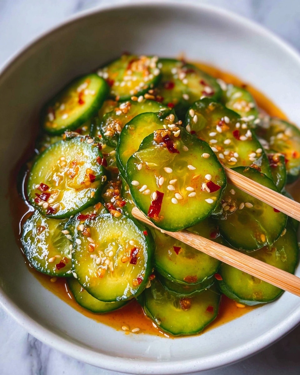 A white bowl filled with many thin slices of cucumber soaked in a reddish sauce that looks oily and spicy. The cucumber slices are bright green with a shiny, wet texture and have visible seeds inside. On top of the cucumbers, there are sprinkled white sesame seeds and small pieces of red chili flakes adding color and texture. A pair of wooden chopsticks holds up some cucumber slices in the center, emphasizing their freshness and glossy surface. The background shows a white marbled texture. photo taken with an iphone --ar 4:5 --v 7