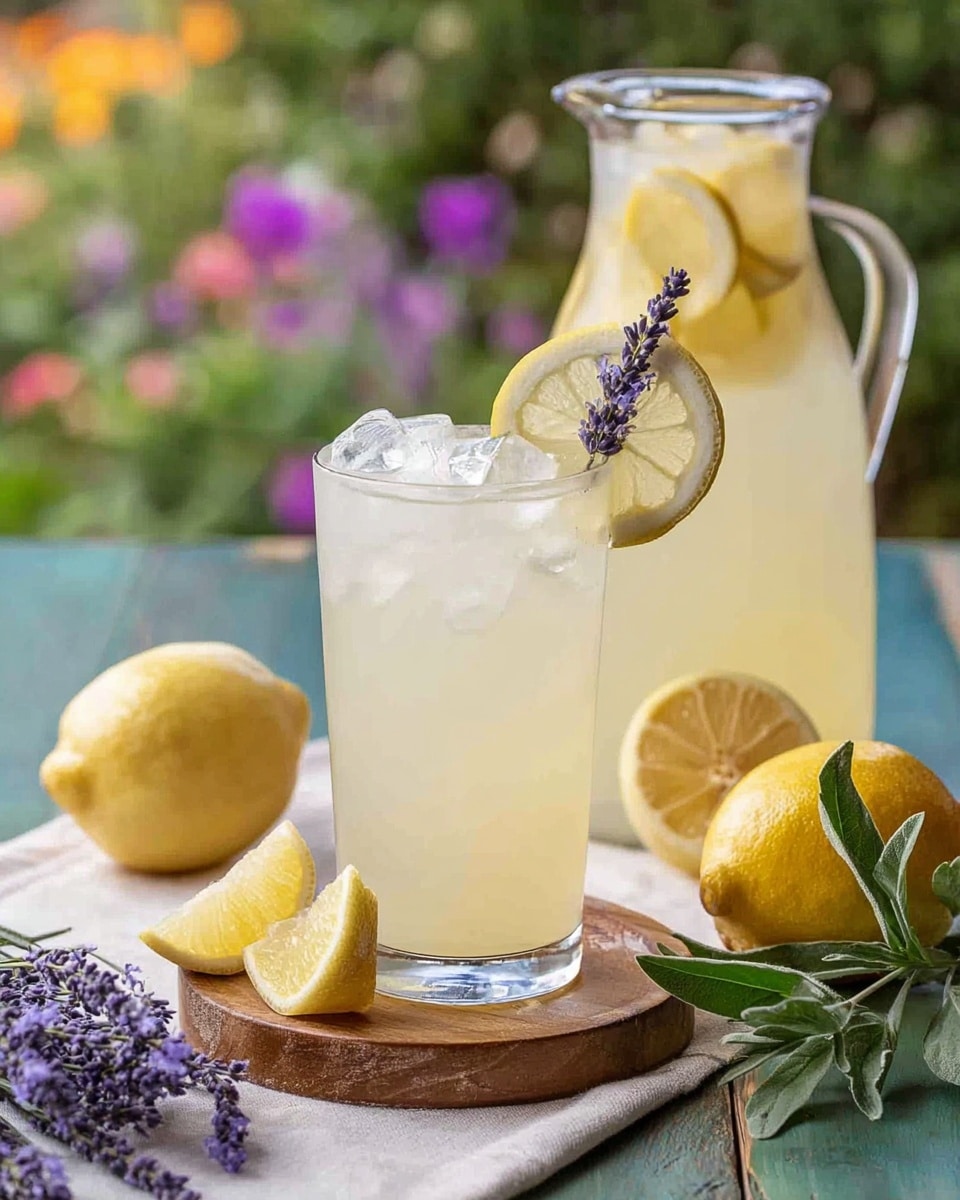 A tall clear glass filled with pale yellow lemonade and several ice cubes, garnished with a thin lemon slice on the rim and a small sprig of purple lavender flowers placed inside, sitting on a white cloth over a round wooden board; next to it on a white marbled textured surface are two lemon wedges, a whole lemon, a halved lemon showing its seeds, and a bunch of green rosemary with purple lavender flowers; behind the glass is a clear pitcher filled with lemonade and ice, with lemon slices floating inside, all set against a soft-focus green and floral background. photo taken with an iphone --ar 4:5 --v 7