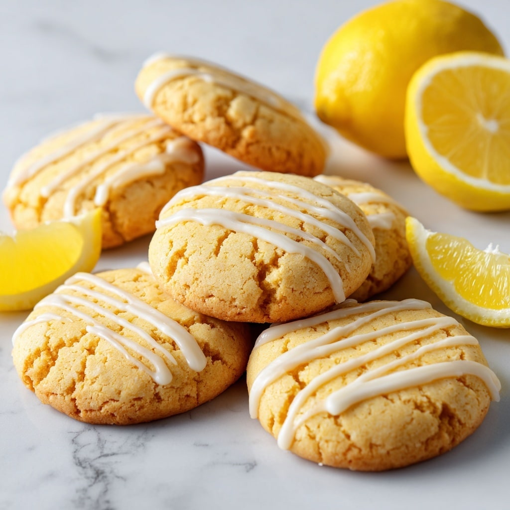 The image shows five round cookies with a soft, textured surface that is light golden brown. Each cookie has thin white icing drizzled in wavy lines across the top. Around the cookies are small pieces of lemon slices, pale yellow with glossy skin and juicy texture, placed directly on a white marbled surface. The cookies look chewy with a slightly cracked top, and small bits of what appears to be lemon zest are visible within the dough. Photo taken with an iphone --ar 4:5 --v 7