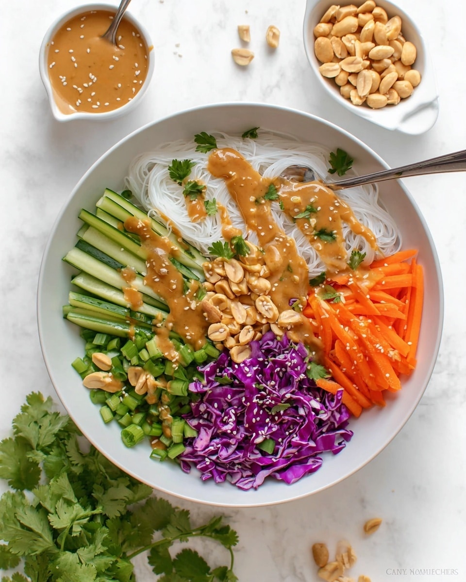 A white bowl contains layered ingredients starting with a base of thin white rice noodles on the left. Above the noodles, there are bright green cucumber sticks, purple shredded cabbage, and orange carrot sticks arranged in sections from left to right. In the center of the bowl, a pile of whole roasted peanuts sits on top of the noodles and vegetables. Chopped green onions are scattered around the peanuts near the bottom right. A thick, light brown peanut sauce is drizzled over all the layers, adding a creamy texture. A silver spoon with some peanut sauce rests on the edge of the bowl. Fresh cilantro leaves and a small white bowl of peanuts are placed on a white marbled surface around the main bowl. photo taken with an iphone --ar 4:5 --v 7