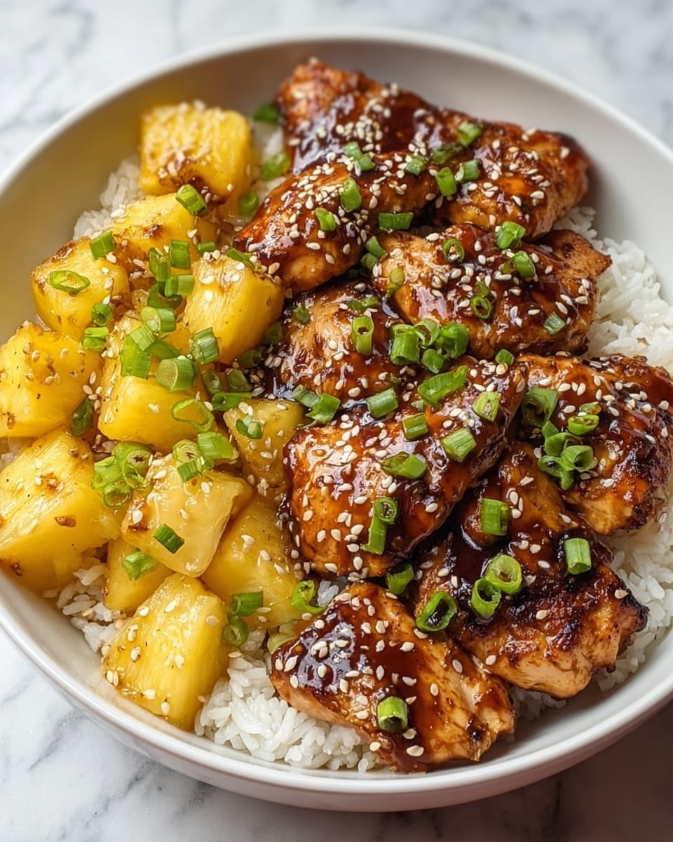 A white bowl filled with three main layers: the bottom layer is fluffy white rice, the middle layer shows bright yellow pineapple chunks with a slightly glossy texture, and the top layer consists of thick pieces of golden-brown glazed chicken, covered in a shiny sauce with toasted sesame seeds and garnished with chopped green onions scattered generously over the dish. The bowl sits on a white marbled surface. photo taken with an iphone --ar 4:5 --v 7