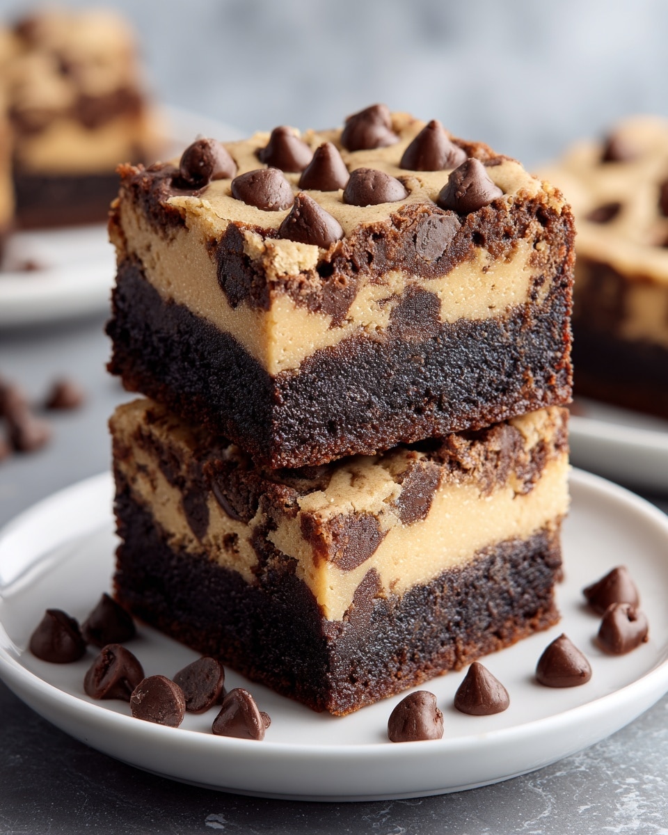 The image shows two square dessert bars stacked on a white plate, set on a white marbled surface. Each bar has two layers: the bottom layer is dense and dark brown, with a rich chocolate cake texture, while the top layer is a lighter golden brown with embedded chocolate chips, creating a spotted pattern. The top surface of the upper bar is sprinkled with whole chocolate chips that add texture and a glossy finish. A few chocolate chips are scattered on the plate around the bars, enhancing the sense of indulgence. The photo taken with an iphone --ar 4:5 --v 7