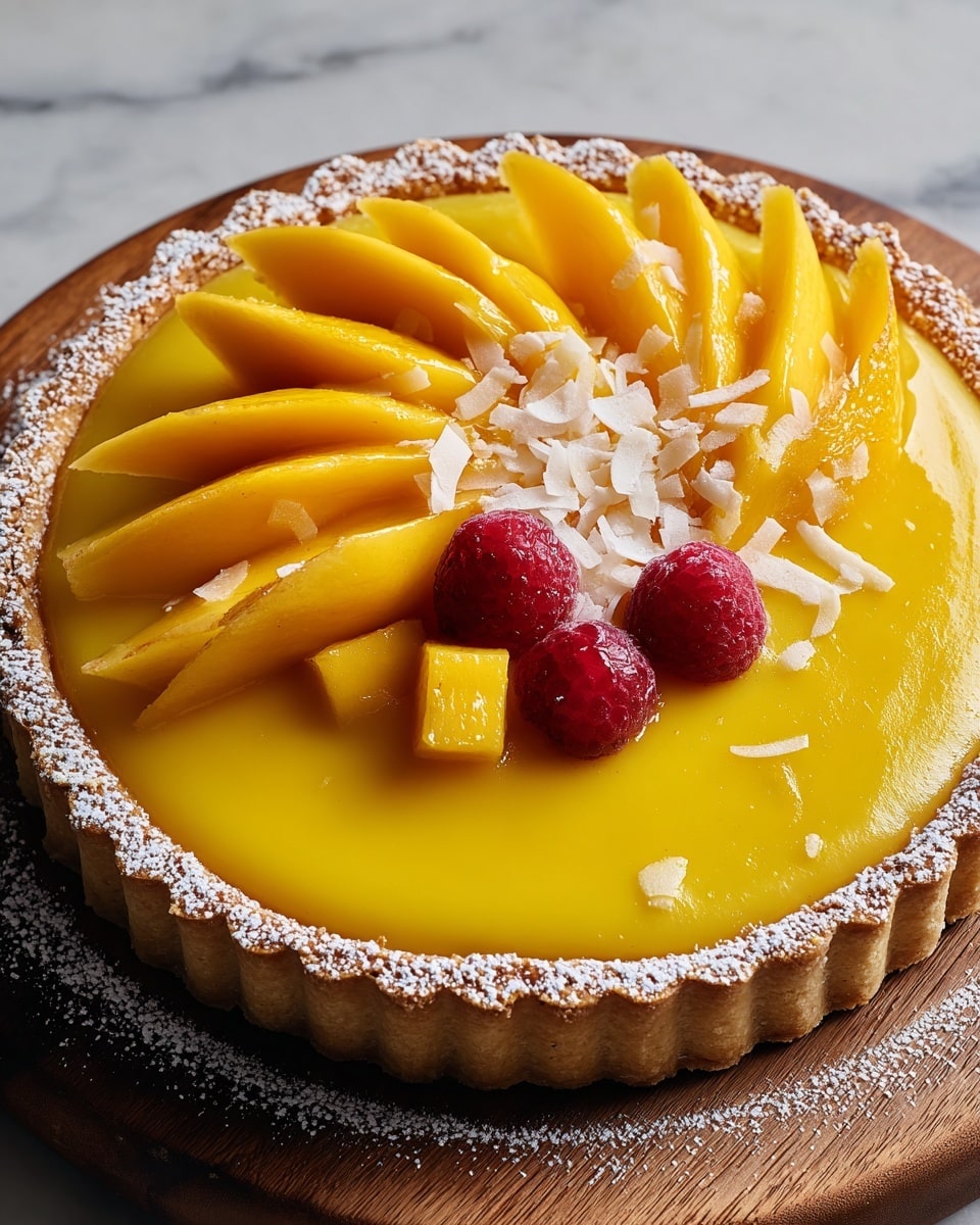 A round tart with a thick, golden-brown crust dusted with powdered sugar around the edge sits on a wooden board. The crust holds a smooth, glossy bright yellow mango filling, topped with thin, fan-shaped slices of fresh mango arranged in a circle near the edge. Inside this circle are small pieces of mango and two bright red raspberries, with a small pile of shredded white coconut flakes in the center. The whole tart is on a white marbled surface. photo taken with an iphone --ar 4:5 --v 7