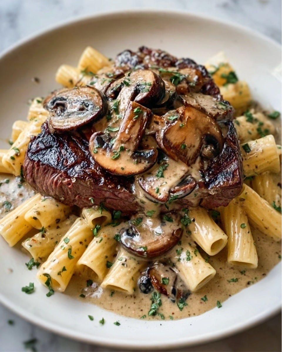 The image shows a white plate with a serving of rigatoni pasta in the bottom layer, covered in a light creamy sauce. On top of the pasta, there is a grilled beef steak with visible char marks, dark brown on the outside and slightly pink inside. The steak is topped with several sautéed mushroom slices that are glossy and caramelized, adding a rich brown color contrast. Small green herb pieces are sprinkled around the dish, adding a fresh touch. The plate is placed on a white marbled surface. Photo taken with an iphone --ar 4:5 --v 7