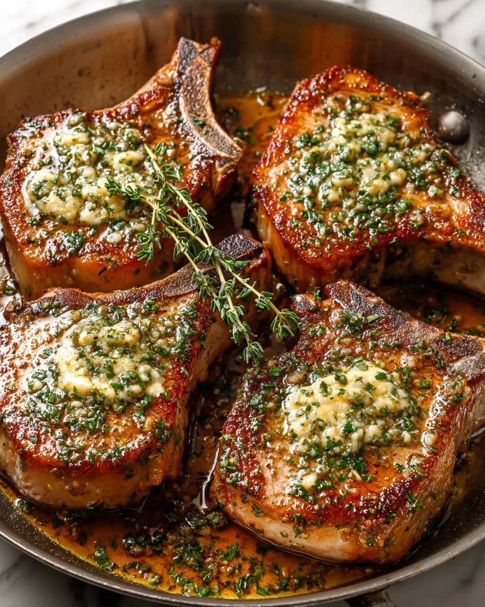 The image shows four grilled pork chops with a dark brown, crispy crust on the outside and juicy light brown inside. Each chop is topped with melted garlic butter and finely chopped green herbs. There is a light golden sauce pooling around the pork chops in a white pan. One chop in the foreground is garnished with a fresh green sprig of thyme. The scene is bright and sharp, showing close-up details of the meat and sauce. The pan sits on a white marbled surface. photo taken with an iphone --ar 4:5 --v 7